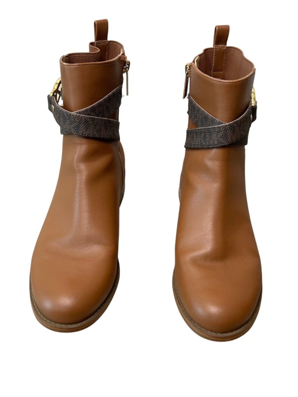 Michael Kors Brown Ankle Boots With Gold Logo Buckle Side Zipper & Faux Leather - Picture 6 of 16